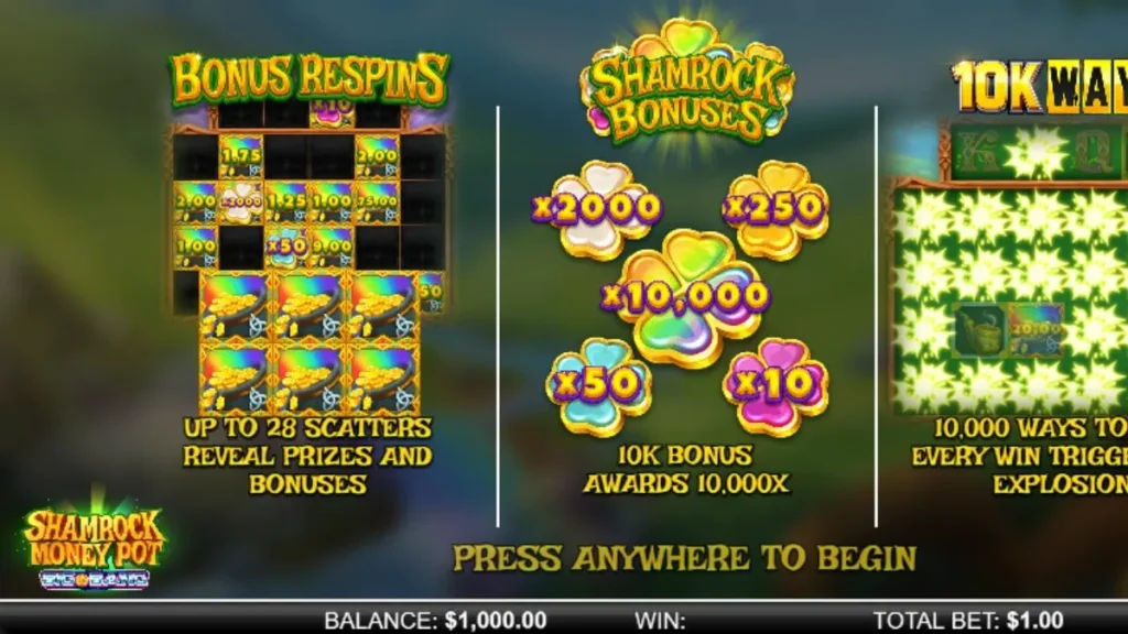 Shamrock Money Pot Big Bang slot interface dengan tema Irlandia yang magis