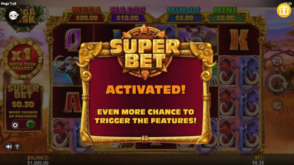 Pemandangan savana Afrika yang indah dalam slot Mega Tusk dengan simbol hewan liar yang megah.
